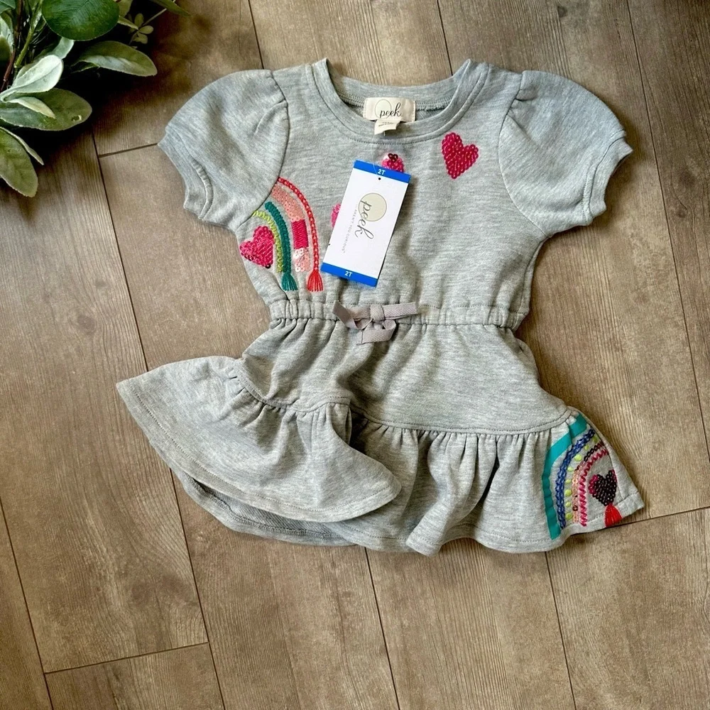 New Peek Toddler Girls Short Sleeve Sequin Dress Rainbow And Hearts size 2T
